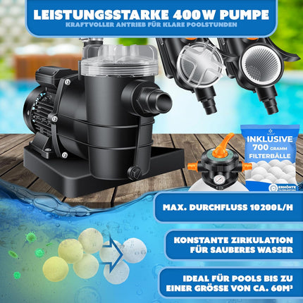 KESSER Sistema de Filtración para Piscina 10.200 L/h (10 m³/h) – Filtro de Arena con 700 g Bolas Filtrantes, Válvula 7 Vías con Manómetro, 400 W, Depósito 19 L
