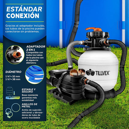 tillvex Depuradora de Arena para Piscina 10 m³/h con Bolas Filtrantes 800 g – Válvula 7 Vías con Manómetro, Adaptador Ø32/Ø38 mm, 400 W