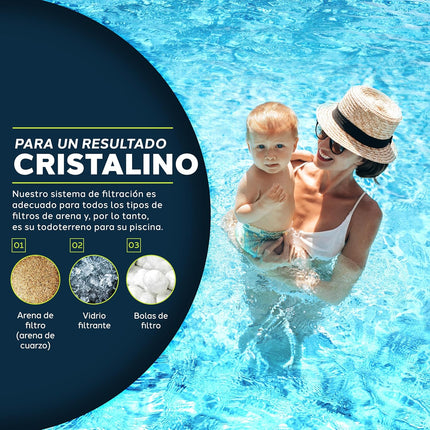 tillvex Depuradora de Arena para Piscina 10 m³/h con Bolas Filtrantes 800 g – Válvula 7 Vías con Manómetro, Adaptador Ø32/Ø38 mm, 400 W