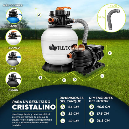 tillvex Depuradora de Arena para Piscina 10 m³/h con Bolas Filtrantes 800 g – Válvula 7 Vías con Manómetro, Adaptador Ø32/Ø38 mm, 400 W