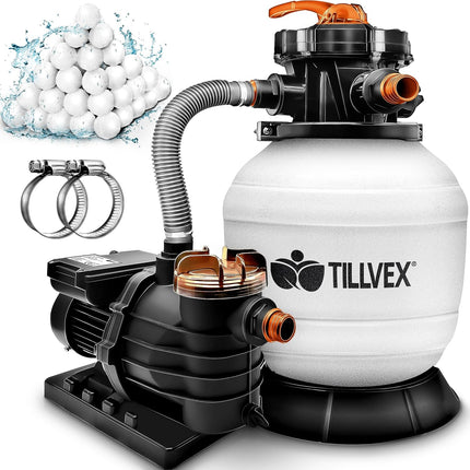 tillvex Depuradora de Arena para Piscina 10 m³/h con Bolas Filtrantes 800 g – Válvula 7 Vías con Manómetro, Adaptador Ø32/Ø38 mm, 400 W