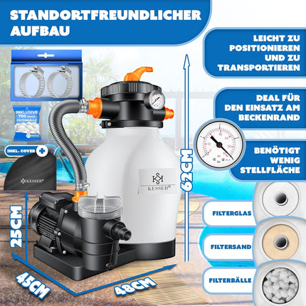 KESSER Sistema de Filtración para Piscina 10.200 L/h (10 m³/h) – Filtro de Arena con 700 g Bolas Filtrantes, Válvula 7 Vías con Manómetro, 400 W, Depósito 19 L