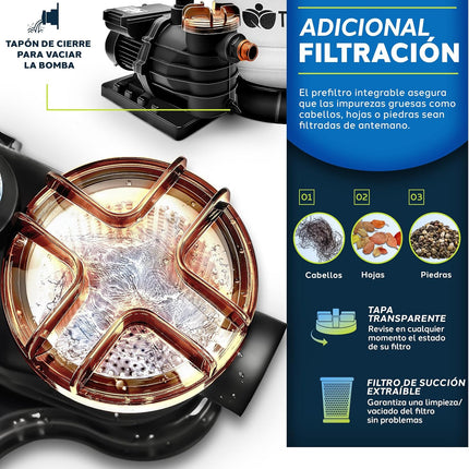 tillvex Depuradora de Arena para Piscina 10 m³/h con Bolas Filtrantes 800 g – Válvula 7 Vías con Manómetro, Adaptador Ø32/Ø38 mm, 400 W
