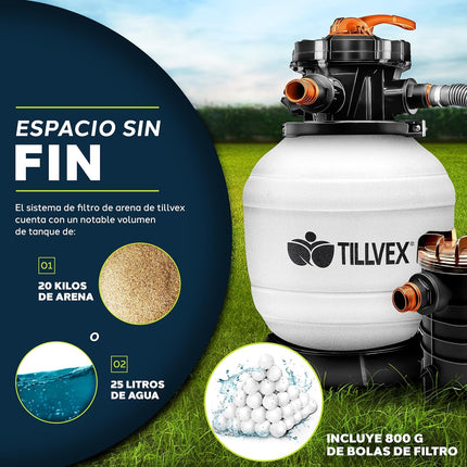 tillvex Depuradora de Arena para Piscina 10 m³/h con Bolas Filtrantes 800 g – Válvula 7 Vías con Manómetro, Adaptador Ø32/Ø38 mm, 400 W