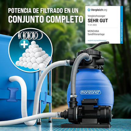 MONZANA Depuradora Filtro de Arena 10.200 L/h 400W – Válvula 7 Vías, Depósito 25 L, Adaptador Ø32/Ø38, Apta Agua Salada, Incluye Bolas Filtrantes