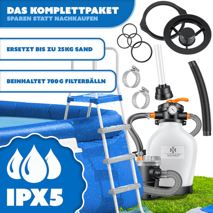 KESSER Sistema de Filtración para Piscina 10.200 L/h (10 m³/h) – Filtro de Arena con 700 g Bolas Filtrantes, Válvula 7 Vías con Manómetro, 400 W, Depósito 19 L