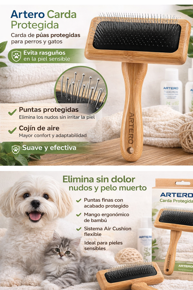 Artero Carda Protegida para Perros y Gatos – Carda con Púas Protegidas, Suave para Pieles Sensibles, Elimina Enredos y Pelo Muerto