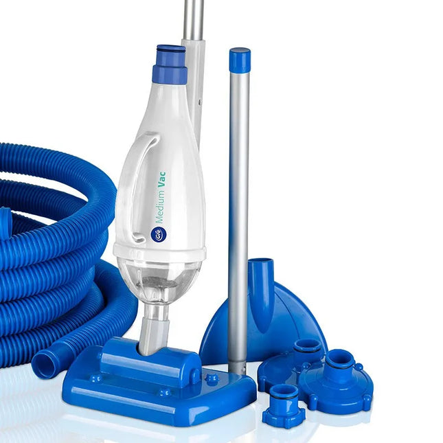 Gre Medium Vac Limpiafondos de Aspiración Manual – Kit con Prefiltro, Manguera 9 m Ø32, Pértiga 2,4 m y 3 Conectores (Piscinas Desmontables)