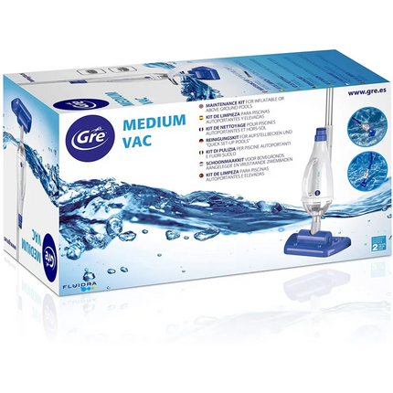 Gre Medium Vac Limpiafondos de Aspiración Manual – Kit con Prefiltro, Manguera 9 m Ø32, Pértiga 2,4 m y 3 Conectores (Piscinas Desmontables)